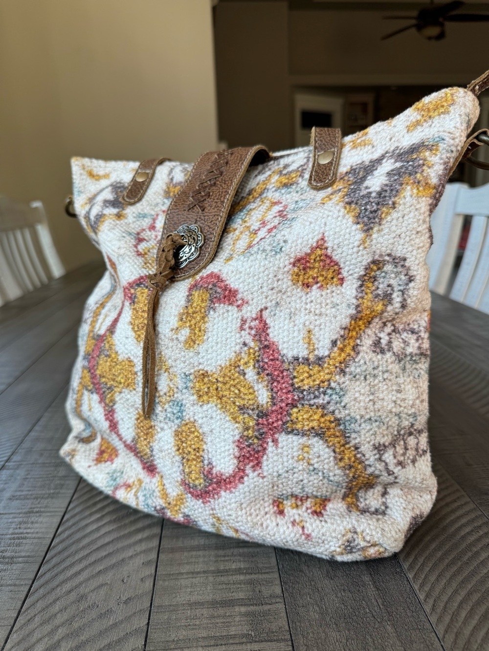 Myra Whimsical Boho Shoulder Bag Floral Tote Bag W/Leather Trim - Picture 8 of 16
